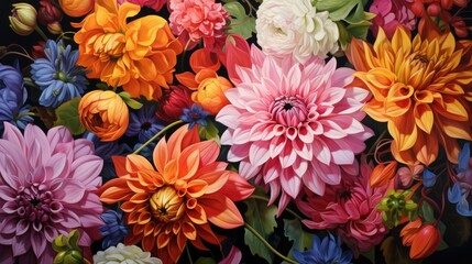  a close up of a bunch of flowers with many colors of flowers in the middle of the picture with a black background.