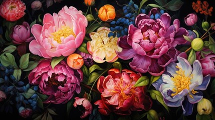  a painting of a bunch of flowers on a black background with leaves and flowers in the middle of the painting.