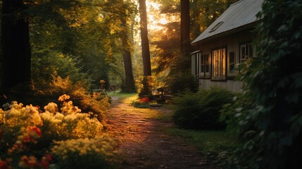  the sun shines through the trees onto a path in a forest with flowers and a house in the background.