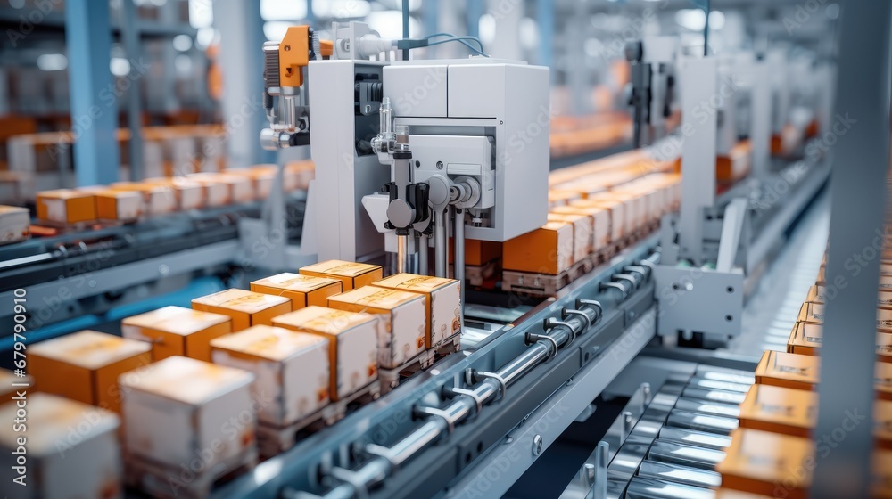 Poster Factory production chain with cartons on the production line.