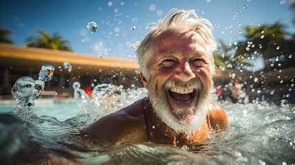 Happy senior man enjoy on the pool.