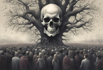 large group of people, skull color, crowds of people, sinister fantasy illustration, identity, thinking about others, branching, connectedness, oak tree, matte painting of the human mind, gothic face - obrazy, fototapety, plakaty