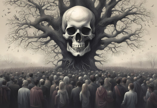 large group of people, skull color, crowds of people, sinister fantasy illustration, identity, thinking about others, branching, connectedness, oak tree, matte painting of the human mind, gothic face