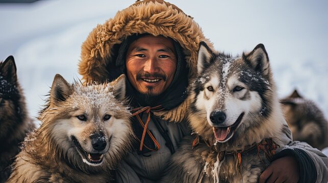 Young Inuit man poses happily with his dogs.