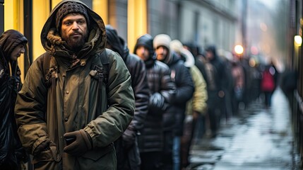 Unemployed people queue next to a building. Job search concept.