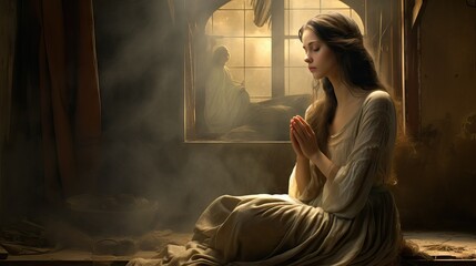 woman on knees hands together, praying, angel in window