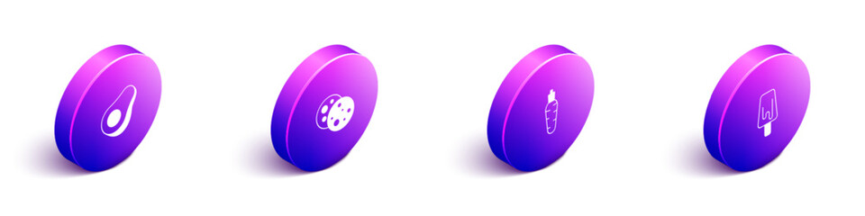 Set Isometric Avocado fruit, Cookie with chocolate, Carrot and Ice cream icon. Vector