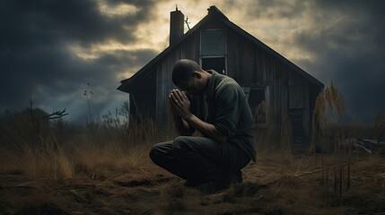 man on knees praying, old farm - obrazy, fototapety, plakaty