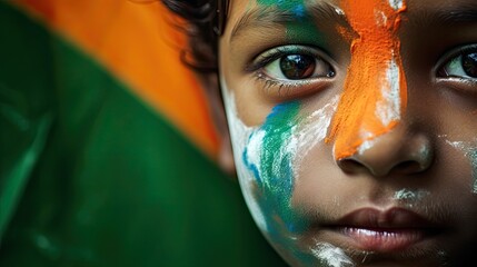 Portrait, child with his face painted with the colors of the Indian flag.