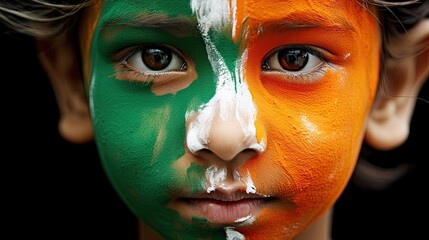 Portrait, child with his face painted with the colors of the Indian flag.