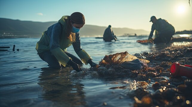 Volunteers collecting grabage on the beach.
