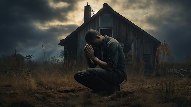 man on knees praying, old farm