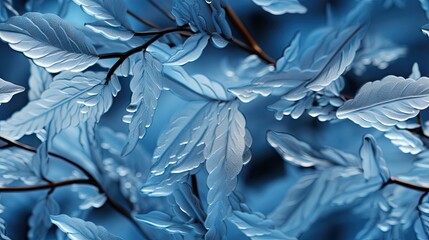  a close up of a leafy plant with water droplets on it's leaves and the background is blue.