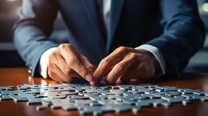 Naklejka premium Close-up The businessman who puts the last piece of the puzzle.