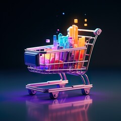 Online shopping concept with miniature shopping cart standing in front of laptop, Generative AI Illustration - obrazy, fototapety, plakaty