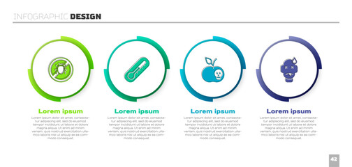 Set Stop colorado beetle, Thermometer, Poison apple and Man poisoning. Business infographic template. Vector