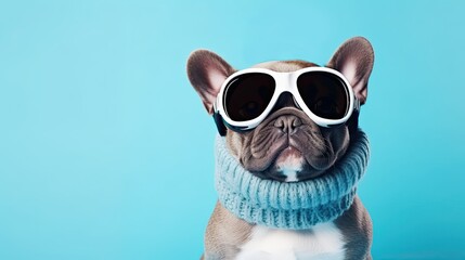 A funny French bulldog puppy wearing sunglasses and a knitted scarf poses against a light background. Banner, with space for text - Powered by Adobe