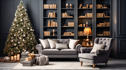 Living room or hotel design with Christmas tree and furniture in light gray tones.