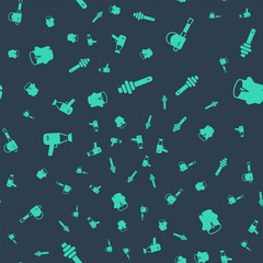 Set Honey dipper stick, Wooden axe, Hair dryer and log on seamless pattern. Vector