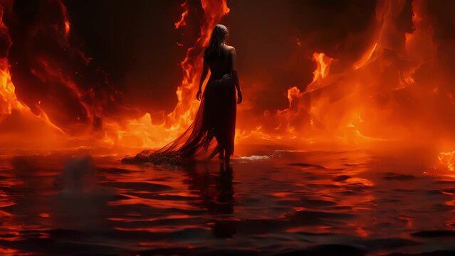 She stood in a river of molten fire her voluminous veil streaming down her body like a river of molten lava.