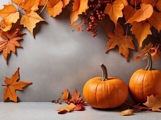 Naklejka na ściany i meble Fall background with orange pumpkins and fall leaves on a light surface.