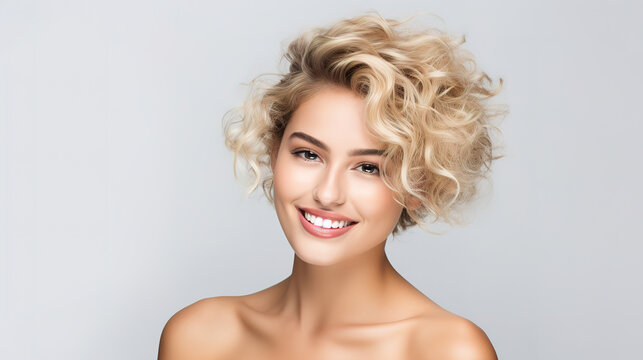 Beautiful elegant european blond-haired smiling young woman with perfect skin and modern short hairstyle, on a white background, close-up, real photo, with empty copy space