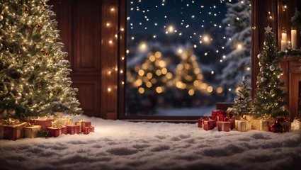 Photo sur Plexiglas Brun Amidst the snow, Christmas gifts gather beneath the tree, transforming the landscape into a winter wonderland of festive delight