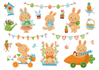 Set of vector illustrations of cute Easter bunnies. Adorable Easter bunnies with festive decor.