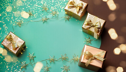 Złote i brązowe prezenty, bliki świetlne i ozdoby na miętowym tle. Bożonarodzeniowe tło z miejscem na tekst