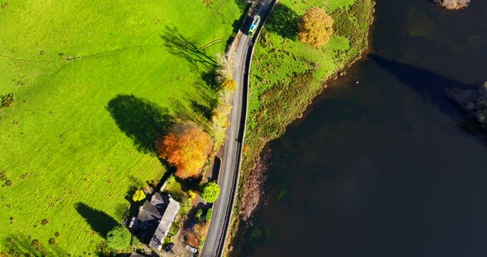 Bird's eye view over the countryside road of Rydal, in the lake district area of Cumbria. 