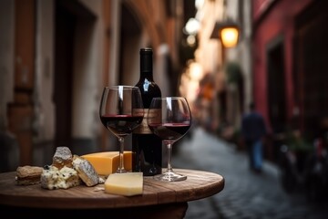 wine bottle with red wine with two wineglasses, grape and different types of cheese on the restaurant table outdoors, background of narrow Italian streets
