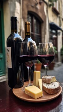 wine bottle with red wine with two wineglasses, grape and different types of cheese on the restaurant table outdoors, background of narrow Italian streets