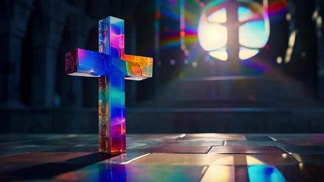 Concept photo of a cross, made of colorful stained glass and shining brightly against a historic stone church bell tower, evoking a sense of peace and spirituality.