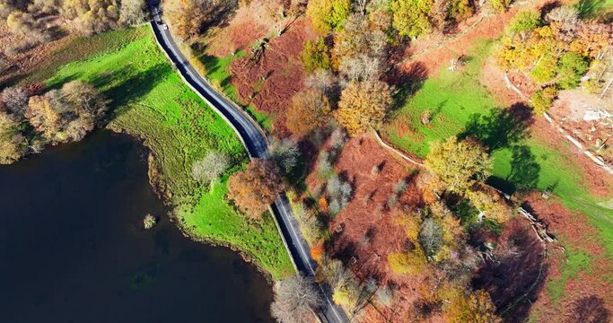 Bird's eye view over the countryside road of Rydal, in the lake district area of Cumbria. 