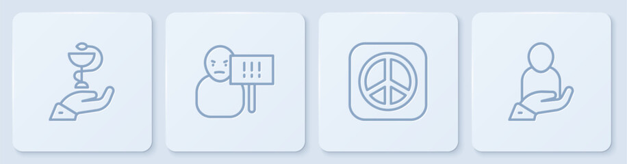 Set line Caduceus snake medical, Peace, Protest and Life insurance in hand. White square button. Vector