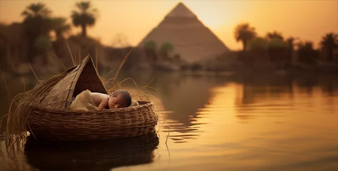 Tuinposter Baby Moses floating in a Basket - River Sunset - Pyramids of Egypt - Nurtured by the Nile: Serenity of Baby Moses in the Basket © ana