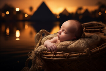 Baby Moses floating in a Basket - River Sunset - Pyramids of Egypt - Miraculous Rest: Baby Moses in the Nile Basket - obrazy, fototapety, plakaty