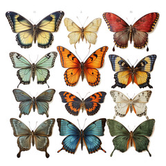 Sheets of realistic butterflies with Beautiful colors isolated on transparent background PNG.