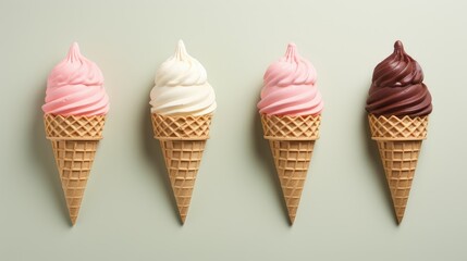 Set of various ice cream scoops in waffle cones