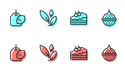 Set line Piece of cake, Tea bag with lemon, leaf and Ball tea strainer icon. Vector