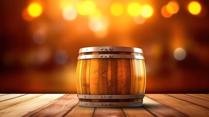 Wood table beer barrel blur wallpaper background for alcohol drink poster design. Generative AI