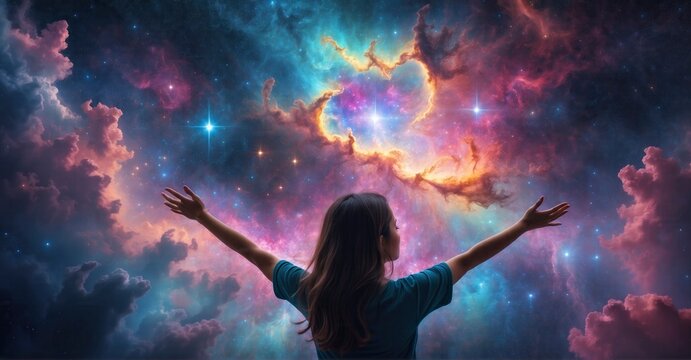Captivating picture of a young woman in awe of the cosmic galaxy; hands delicately holding a vibrant nebula, evoking feelings of wonder and sparking curiosity.
