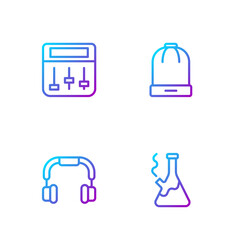 Set line Glass bong for smoking marijuana, Headphones, Drum machine music and Winter hat. Gradient color icons. Vector