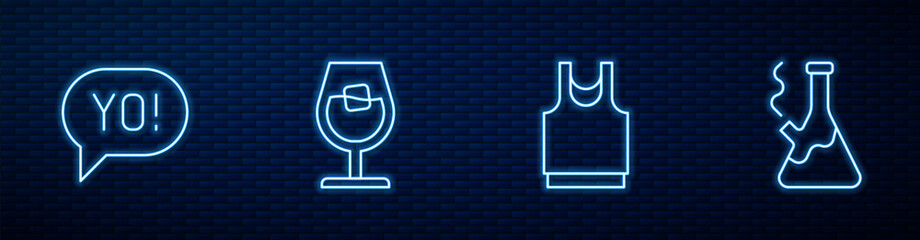 Set line Undershirt, Yo slang lettering, Wine glass and Glass bong for smoking marijuana. Glowing neon icon on brick wall. Vector
