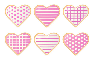 Set heart-shaped cookies decorated with pink and white royal icing. Pattern on cookies: dots, checks, stripes. Dessert for events, birthday, party, wedding, anniversary, baby shower, Valentine's day