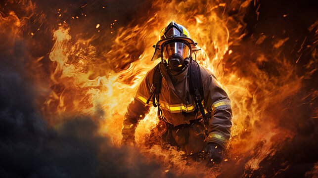 Strong and brave fireman in flames. Generative AI