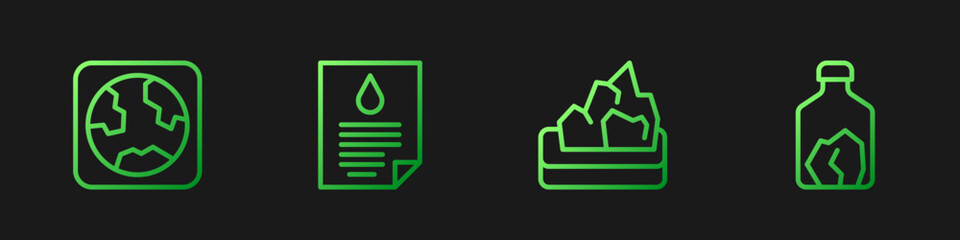 Set line Ore mining, Earth globe, Oil drop document and . Gradient color icons. Vector