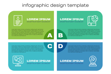 Fototapeta premium Set line Soil analysis, Oil drop document, Exhibition with minerals, rocks and Earth globe and book. Business infographic template. Vector