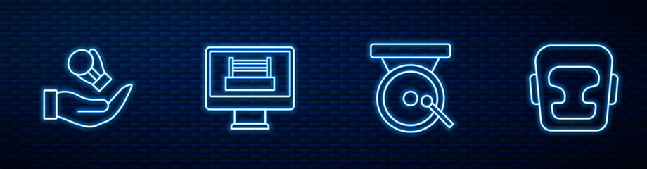 Set line Boxing gong, glove, ring and helmet. Glowing neon icon on brick wall. Vector
