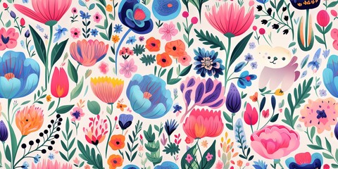 Fototapeta na wymiar Abstract childish, cute and fun colorful dreamy garden floral seamless pattern wallpaper background with flowers and critters, vector. Generative AI, AI